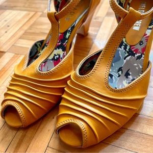 Mustard yellow open toe heels